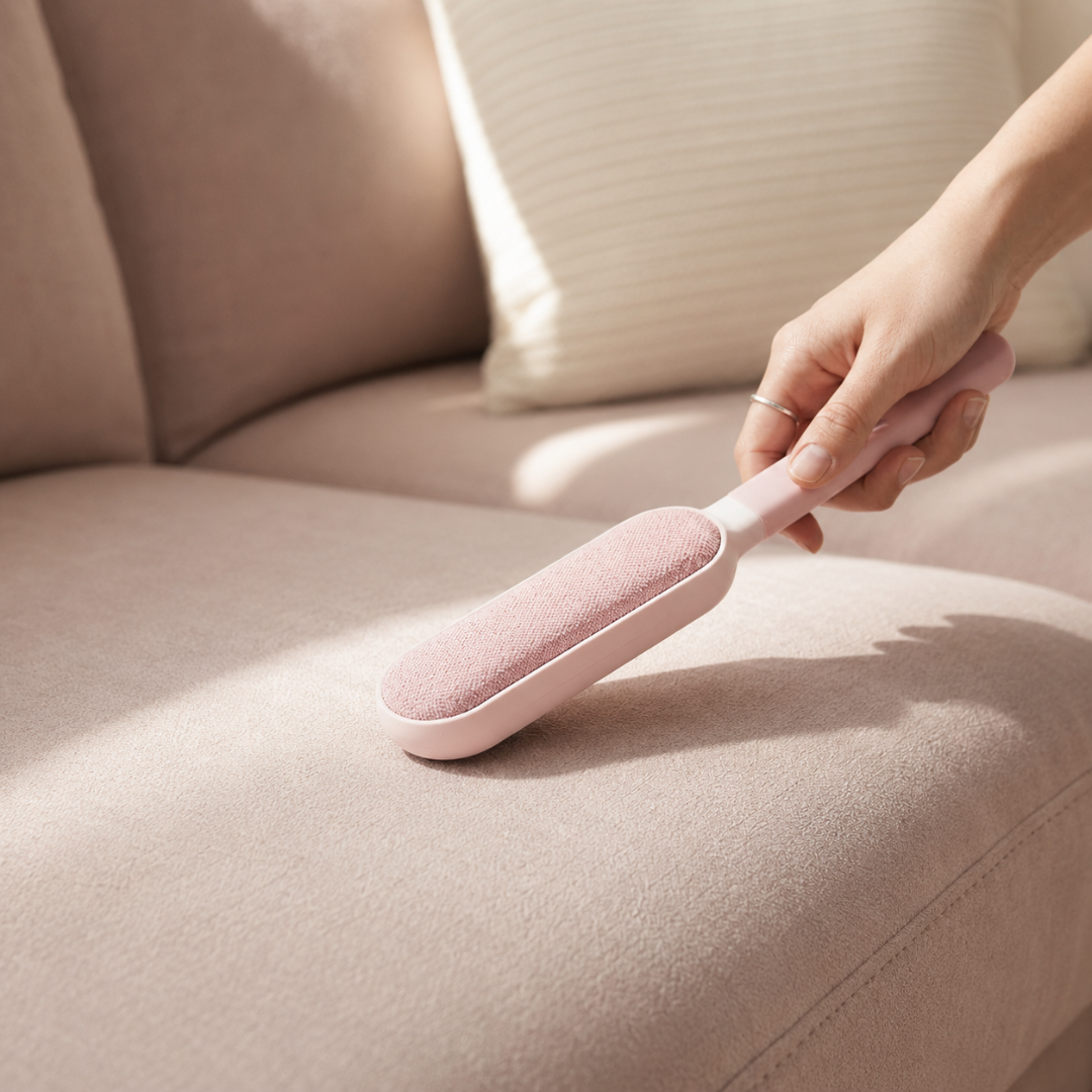 Une main tenant une brosse anti-poils rose et blanche, nettoyant une zone de poils d'animaux sur un coussin de canapé en velours rose, avec une partie déjà visiblement propre.