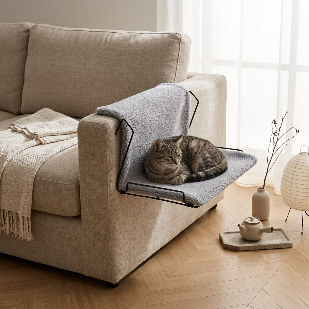 Chat installé confortablement sur son hamac gris design - Pawaia