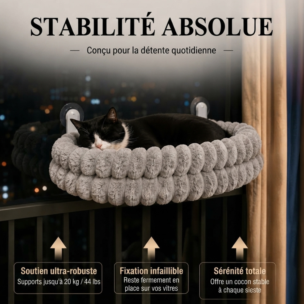 Infographie produit montrant la stabilité absolue, le support renforcé et la résistance jusqu'à 20 kg du hamac de fenêtre pour chat.