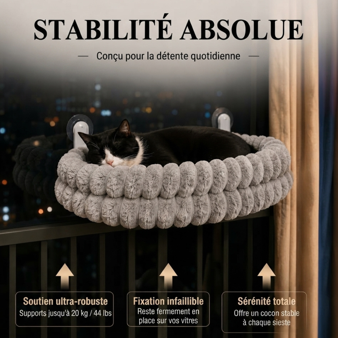 Infographie produit montrant la stabilité absolue, le support renforcé et la résistance jusqu'à 20 kg du hamac de fenêtre pour chat.