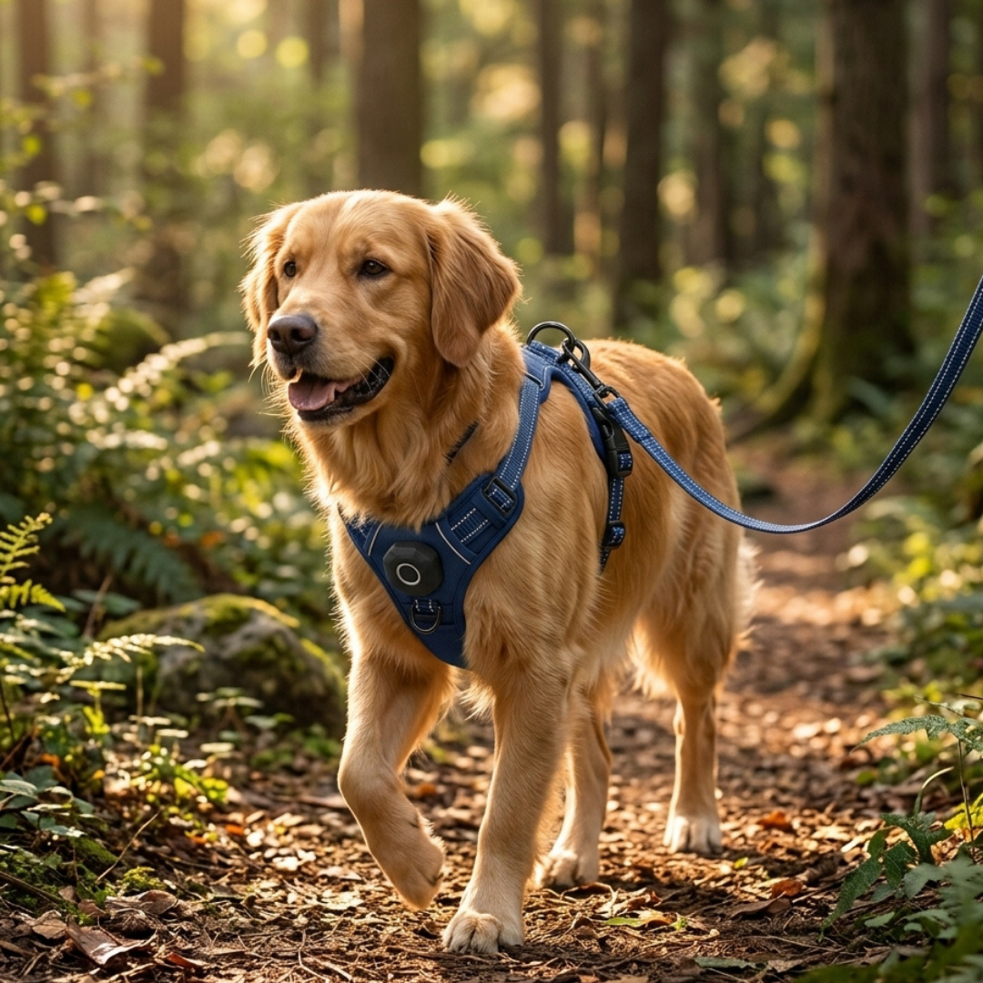 Chien portant un harnais ergonomique confortable en balade extérieure - Pawaia