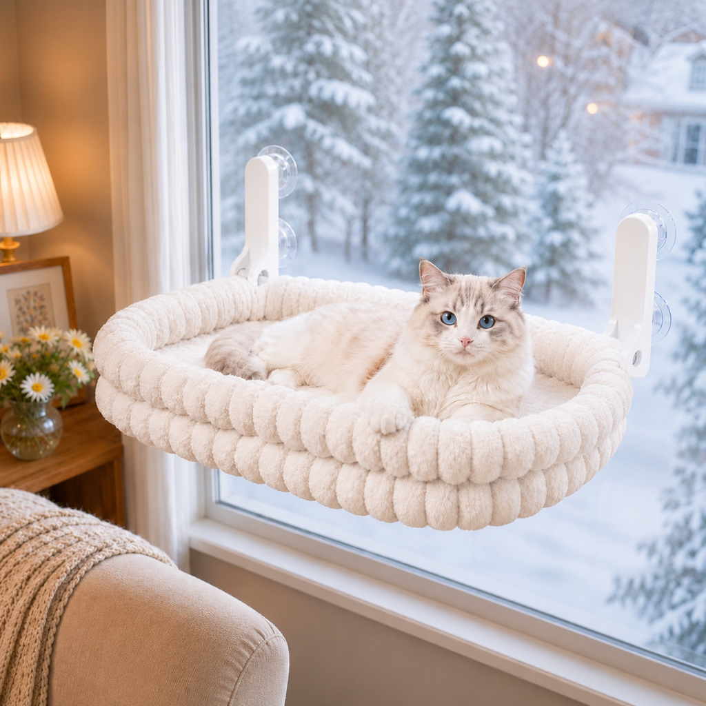 Chat clair profitant d'une sieste ensoleillée dans un hamac de fenêtre moelleux et design.