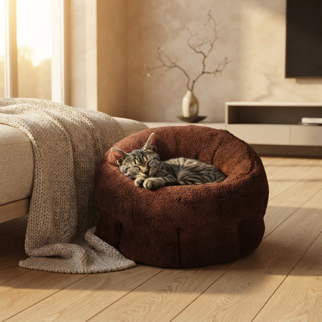 Nid panier rond ultra doux en tissu texturé couleur café pour chat - Pawaia