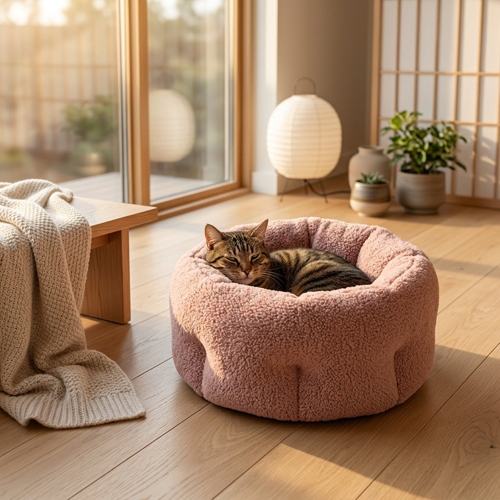 Panier rond ultra doux en tissu texturé couleur rose pour chat - Pawaia