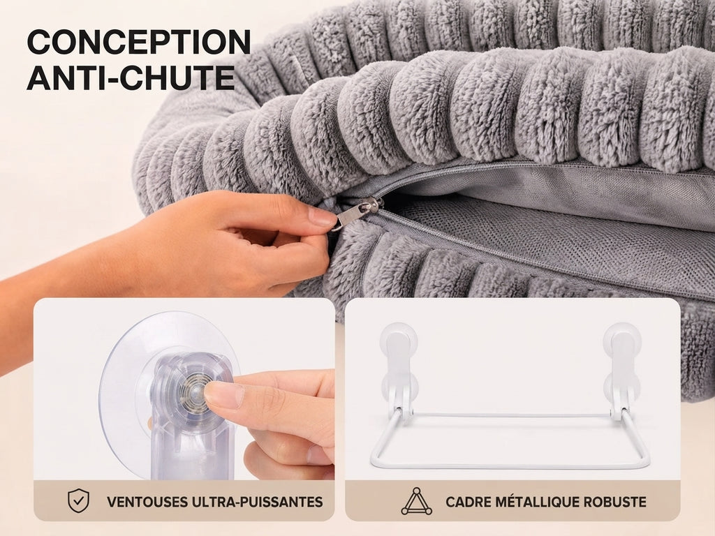 Détail technique du hamac de fenêtre Sora mettant en avant la conception anti-chute, les ventouses ultra-puissantes et le cadre métallique robuste.